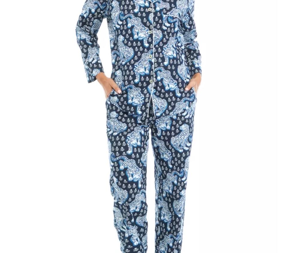 Printfresh Women’s Organic Cotton Navy Tiger Queen Pajama Set Size Large EUC